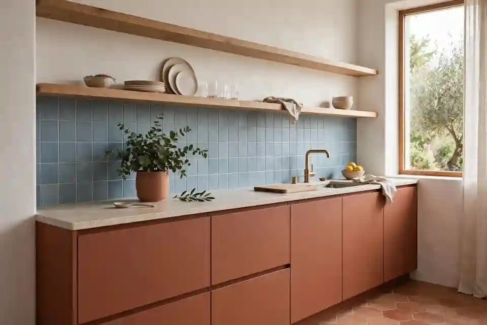 Celeste polvere e terracotta cucina moderna Cucina moderna con piastrelle celeste polvere e mobili terracotta, esempio di abbinamento celeste polvere e terracotta.