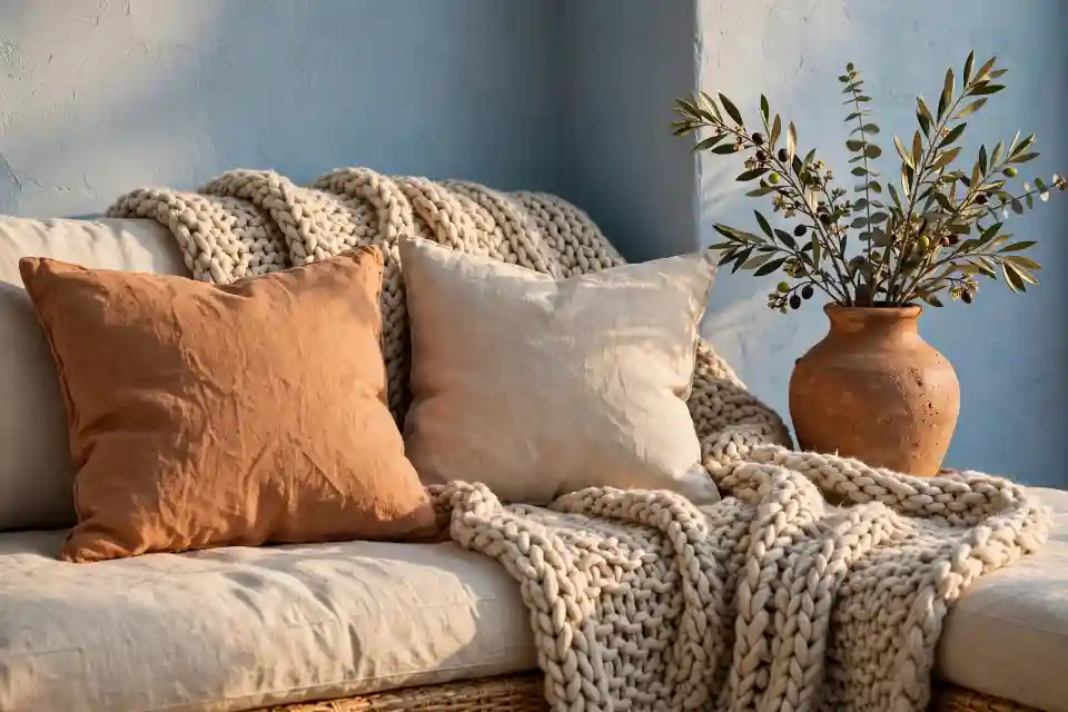 Celeste polvere e terracotta dettagli arredo Dettagli d’arredo con parete celeste polvere e cuscino terracotta, esempio di abbinamento celeste polvere e terracotta.