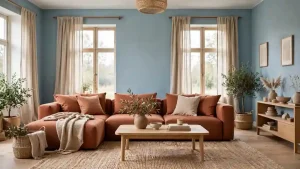 Soggiorno moderno con pareti celeste polvere e divano terracotta, esempio di abbinamento celeste polvere e terracotta.