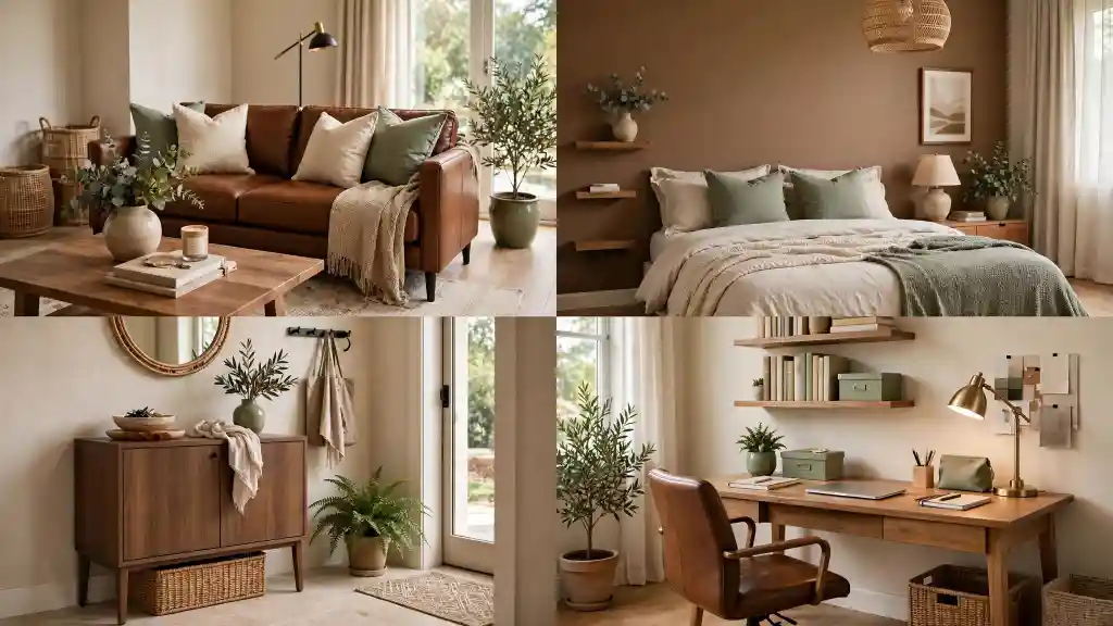 Ambientazioni con toni caldi e naturali Collage di quattro ambienti d’interni con toni caldi, arredi in legno, tessuti neutri e dettagli decorativi naturali.