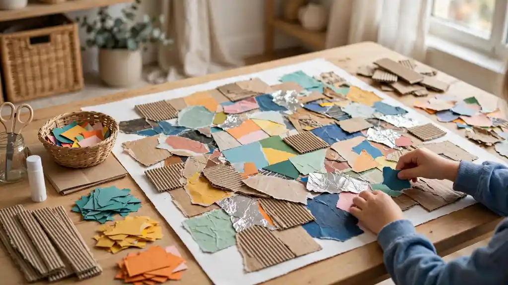 Collage con materiali riciclati per bambini Collage creativo realizzato con carta, cartone e materiali riciclati su tavolo da lavoro con forbici, colla e ritagli colorati.