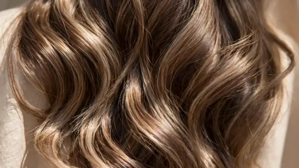 Capelli mossi con riflessi dorati Dettaglio di capelli castano chiaro mossi con riflessi dorati che evidenziano la texture luminosa della chioma.