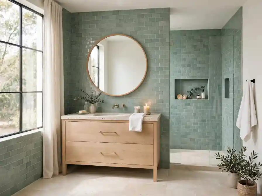 Bagno moderno con piastrelle colore celadon Bagno moderno con piastrelle colore celadon, mobile in legno chiaro, specchio rotondo e decorazioni naturali, esempio di arredo luminoso e rilassante.