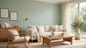 Soggiorno moderno con divano beige, tavolino in legno e decorazioni naturali, base neutra perfetta per introdurre il colore celadon nell’arredo.