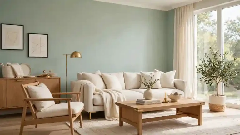 Soggiorno moderno con divano beige, tavolino in legno e decorazioni naturali, base neutra perfetta per introdurre il colore celadon nell’arredo.