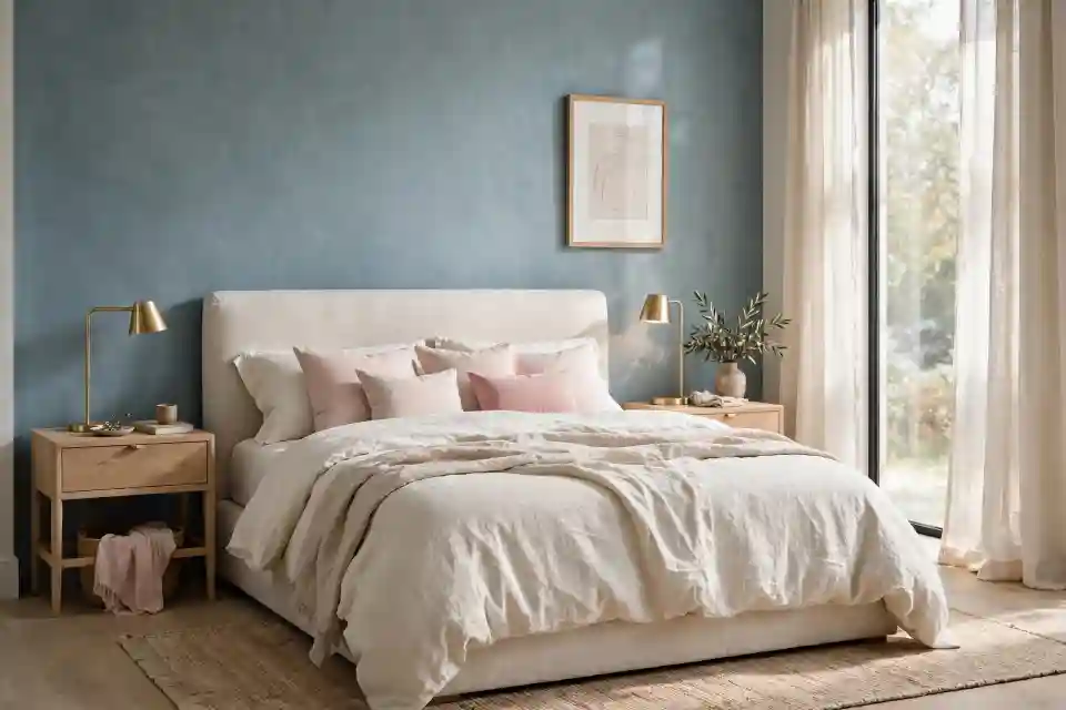 Camera da letto colore celeste fumo Camera da letto moderna con parete colore celeste fumo e arredi neutri.