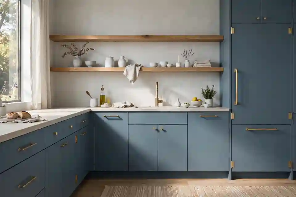 Cucina colore celeste fumo Cucina moderna con mobili colore celeste fumo, dettagli in ottone e mensole in legno.