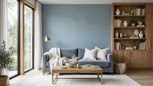 Soggiorno moderno con divano colore celeste fumo, arredi in legno e dettagli naturali.