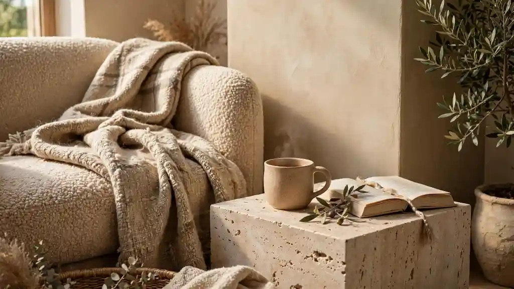 Colore Sabbia e Biophilic Design angolo relax Angolo relax in colore sabbia con poltrona in tessuto naturale, tavolino in pietra e piante, esempio di Biophilic Design.