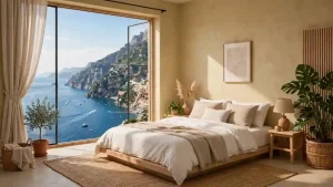 Camera da letto in colore sabbia con elementi di Biophilic Design, legno naturale, piante e luce naturale.