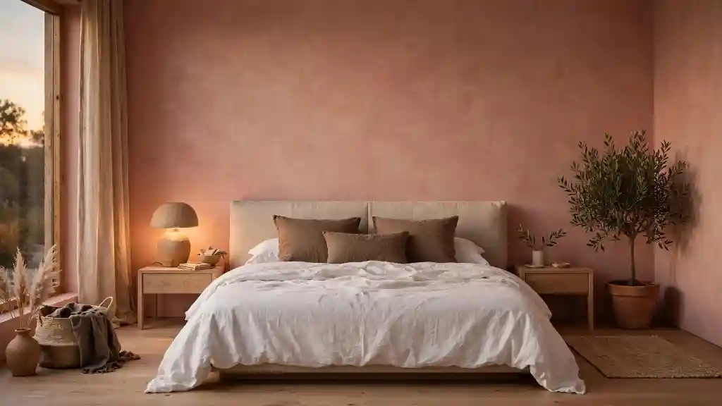Colore Sabbia e Biophilic Design camera olivo Camera da letto in colore sabbia con tessuti naturali, legno chiaro e pianta di olivo, esempio di Biophilic Design.