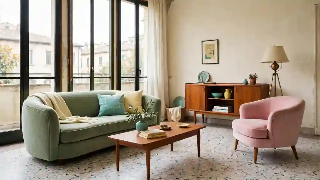 Colori anni ’50 nell’arredamento living mid‑century Living vintage con palette pastello e arredi mid‑century, esempio di colori anni ’50 nell’arredamento.