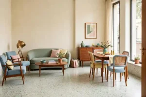 Living vintage con palette pastello e arredi mid‑century, esempio di colori anni ’50 nell’arredamento.