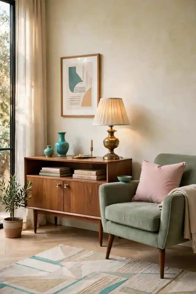 Colori anni ’50 nell’arredamento soggiorno menta e ottanio Angolo soggiorno vintage con verde menta, ottanio e dettagli in legno, esempio di colori anni ’50 nell’arredamento.