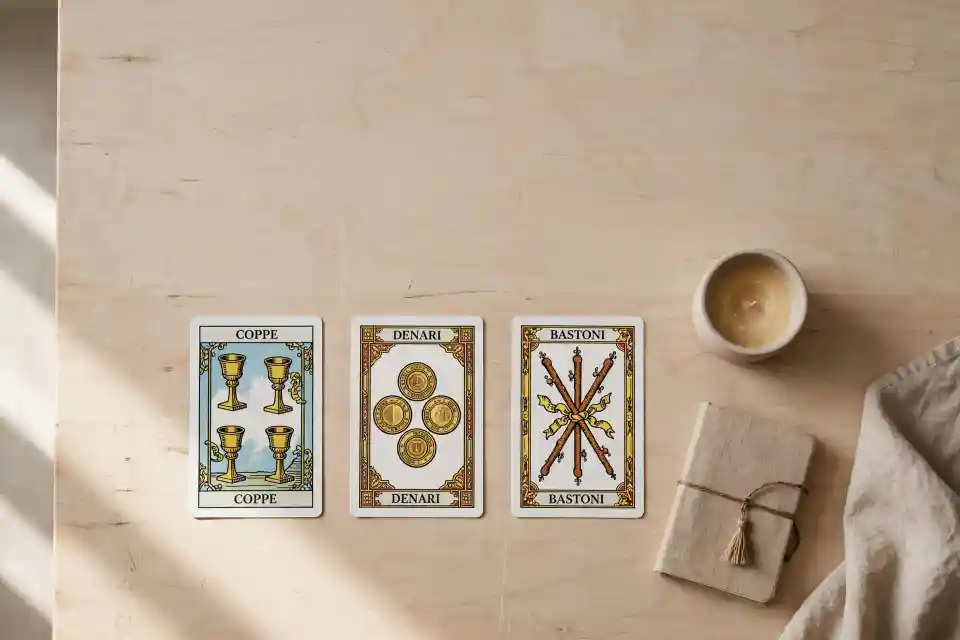 Tre carte con i semi di coppe, denari e bastoni disposte su un tavolo in legno chiaro accanto a una candela, esempio utile per capire come leggere i tarocchi con le carte normali.