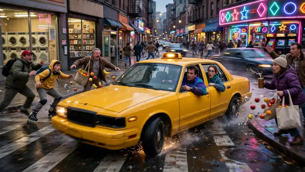 Taxi in derapata tra neon e pedoni stile Crazy Taxi film Taxi giallo che affronta una curva bagnata in una strada notturna piena di neon, con pedoni sorpresi e frutta che vola, scena d’azione perfetta per l’atmosfera di crazy taxi film