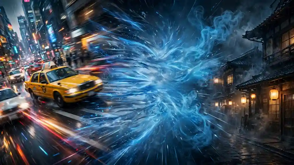 Taxi tra città futuristica e quartiere giapponese stile Crazy Taxi film Taxi giallo che attraversa una scena divisa tra metropoli notturna e strada giapponese tradizionale, unite da un portale energetico blu, in un’estetica che richiama il tono fantastico di crazy taxi film.