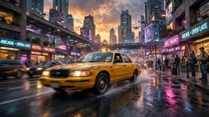 Taxi giallo che corre in una strada urbana futuristica illuminata da insegne neon e palazzi digitali, atmosfera perfetta per richiamare l’estetica dinamica di crazy taxi film.
