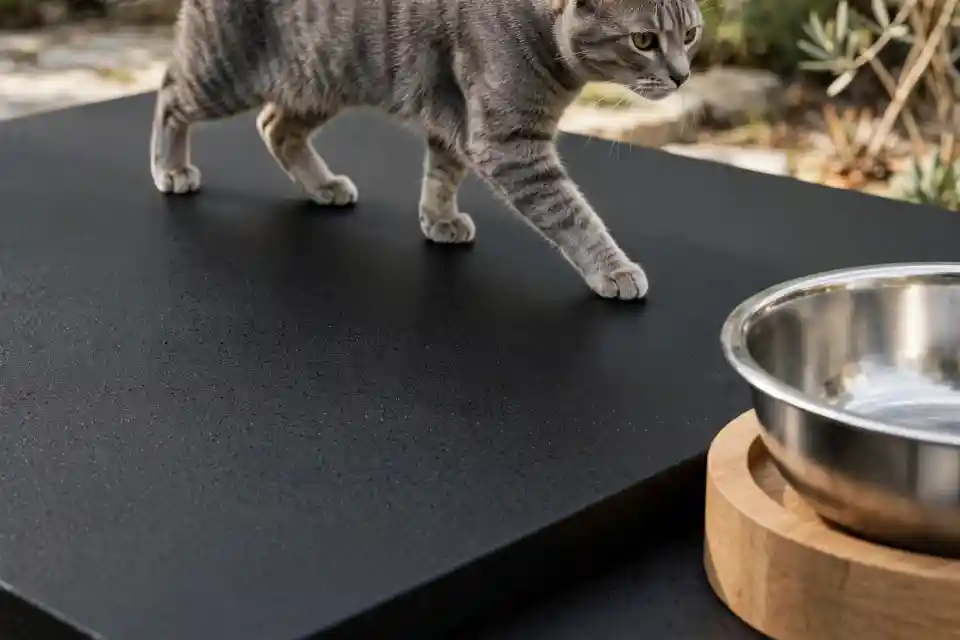 Gatto e ciotola moderna in giardino pet friendly Gatto grigio tigrato che cammina su superficie outdoor accanto a una ciotola moderna in metallo con base in legno, dettaglio di giardini pet friendly con accessori resistenti e sicuri.