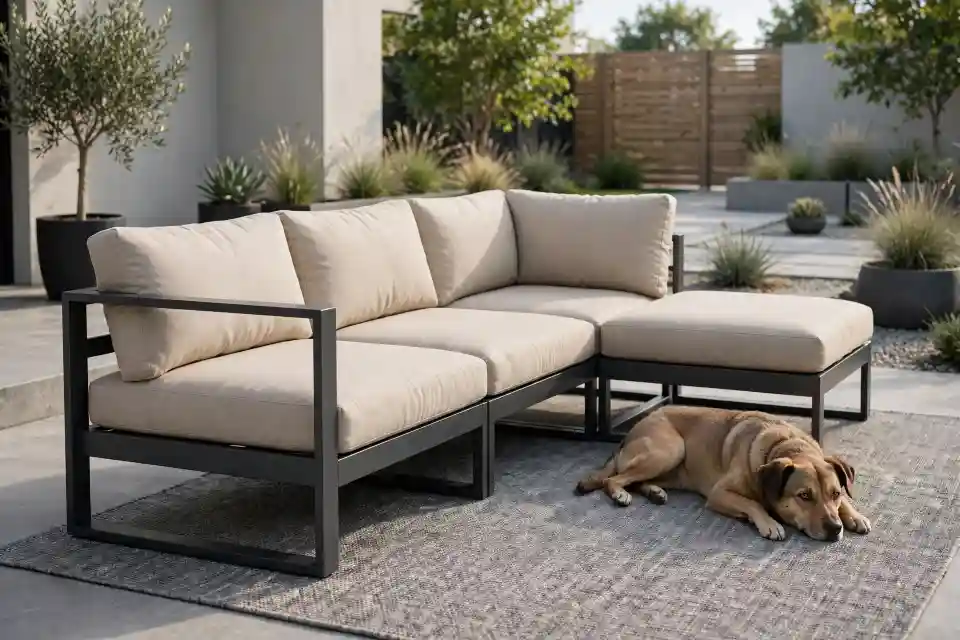 Area relax pet friendly con cane su tappeto outdoor Cane sdraiato su tappeto outdoor davanti a un divano moderno con piante e patio in cemento, esempio di giardini pet friendly con arredi resistenti e sicuri per animali.