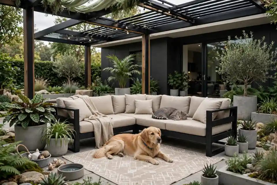 Patio moderno pet friendly con cane e gatto Golden retriever sdraiato su tappeto e gatto grigio sul divano in un patio moderno con pergola, piante e arredi resistenti, esempio di giardino pet friendly elegante e funzionale.
