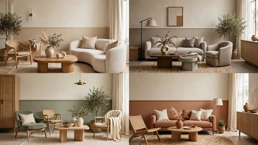 Esempi di pareti bicolore in quattro soggiorni moderni Quattro soggiorni moderni con palette diverse: beige e crema, grigio neutro, verde tenue con beige e terracotta con beige; esempi di abbinamenti bicolore per pareti in stile contemporaneo.