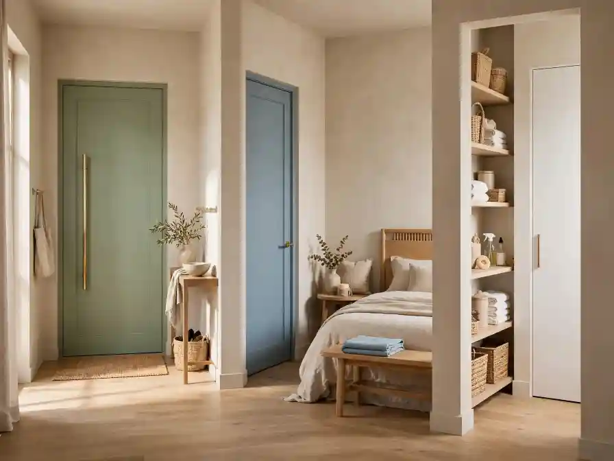 Camera da letto minimalista con tre porte interne — verde, blu e bianca — ciascuna con maniglie in ottone. Un esempio pratico di idee per rinnovare le porte di casa senza sostituirle, usando colore e dettagli decorativi.