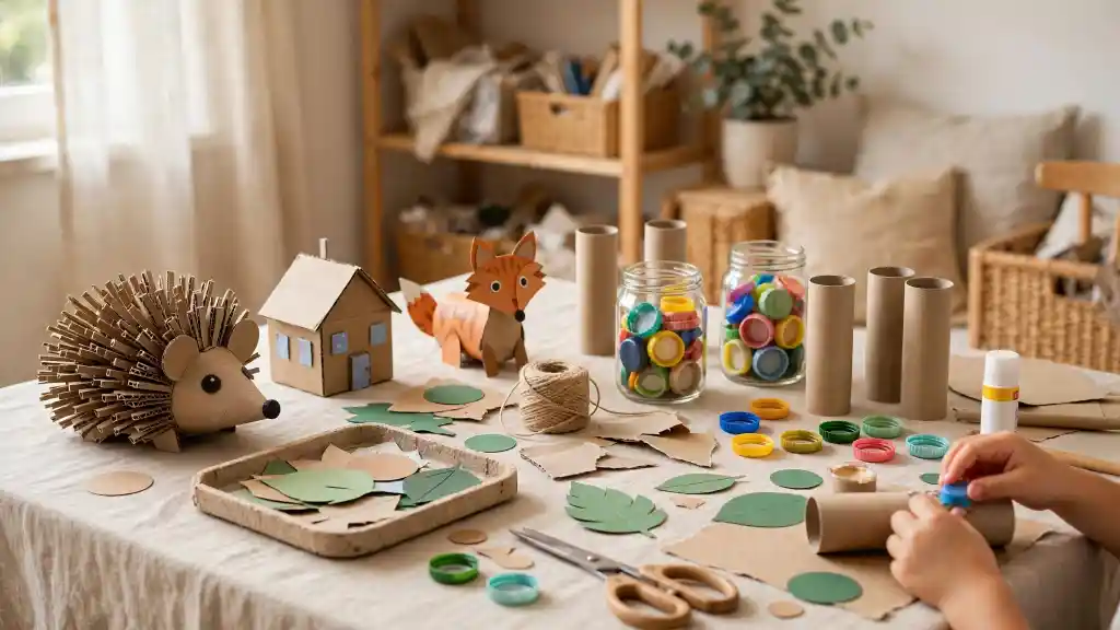 Lavoretti con materiale riciclato per bambini Tavolo da lavoro con lavoretti realizzati con materiale riciclato: cartone, tappi di plastica, rotoli e sagome di animali.
