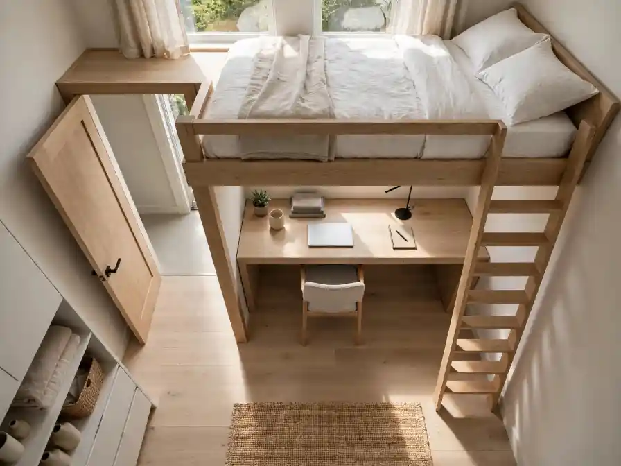 Letto IKEA soppalco compatto con scrivania Letto IKEA soppalco in legno con scrivania integrata, scaletta e zona studio ordinata, soluzione salvaspazio ideale per camere piccole.