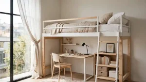 Letto IKEA soppalco in legno e metallo con scrivania integrata, scaffali e zona studio sotto il piano letto, esempio di arredo salvaspazio moderno e funzionale.