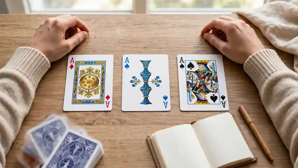 Carte disposte per una consultazione sul tavolo Tre carte da gioco disposte su un tavolo in legno con taccuino aperto, penna e mazzo di carte accanto a una persona seduta