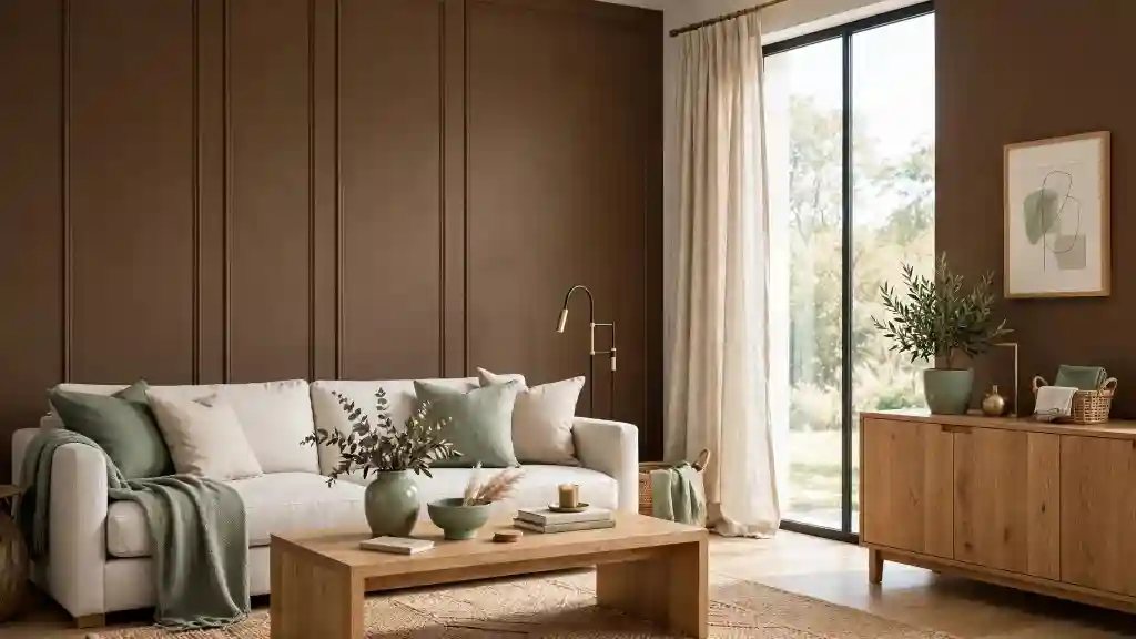 Soggiorno moderno con parete marrone Soggiorno moderno con parete marrone, divano beige, cuscini verdi e tavolino in legno decorato con oggetti naturali.