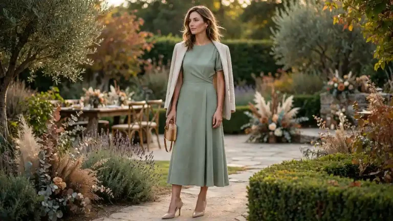 Invitata con abito verde chiaro, giacca beige e décolleté nude in un setting all’aperto, perfetto come ispirazione per matrimonio settembre outfit.