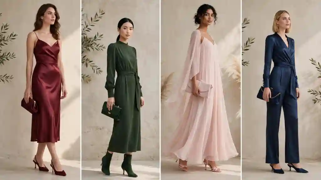 Quattro outfit eleganti per matrimonio di settembre Quattro outfit eleganti per matrimonio settembre outfit, con abiti in tonalità borgogna, verde, rosa cipria e jumpsuit blu navy.