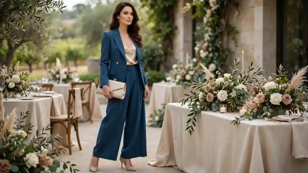 Tailleur teal elegante per matrimonio di settembre Invitata con tailleur teal a pantaloni larghi, blusa satin e clutch beige in una location elegante all’aperto, perfetto per matrimonio settembre outfit.