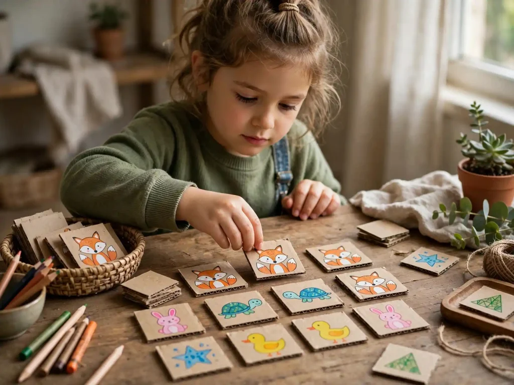 Memory con cartoncini riciclati per bambini Bambino che gioca con carte memory fatte a mano in cartone riciclato, tavolo con colori e materiali creativi.