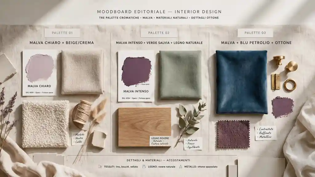 Palette malva e materiali naturali Palette di colori e materiali da abbinare al color malva