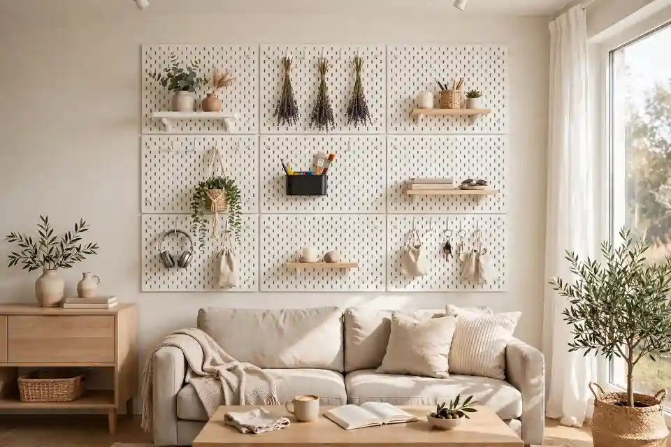Pannelli decorativi IKEA in legno chiaro per parete del soggiorno Pannelli legno decorativi parete IKEA con mensole, piante, accessori e borse, montati sopra un divano beige in un soggiorno luminoso in stile scandinavo.