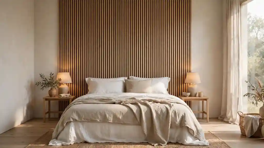 Pannelli legno decorativi dietro la testata del letto Parete con pannelli legno decorativi a doghe verticali dietro la testata del letto, in una camera da letto minimal con toni beige e luce naturale.