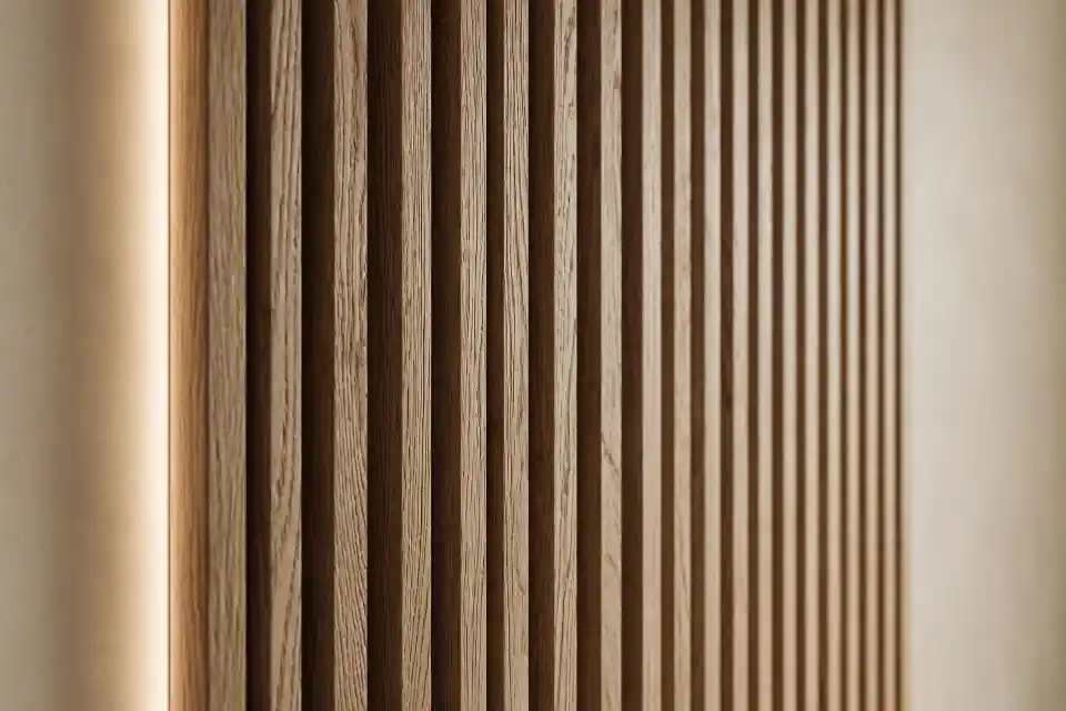 Dettaglio doghe in legno per parete decorativa Pannelli legno decorativi parete con doghe verticali ravvicinate, illuminati lateralmente per evidenziare la texture naturale del legno.