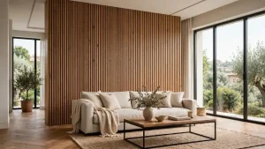 Parete con pannelli legno decorativi a doghe verticali dietro un divano beige, in un soggiorno moderno con grandi vetrate e tavolino in legno.