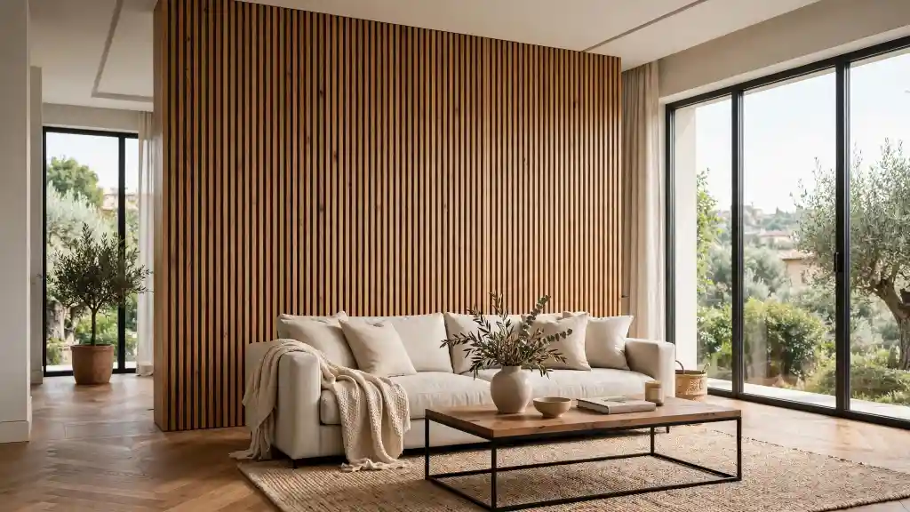 Parete con pannelli legno decorativi a doghe verticali Parete con pannelli legno decorativi a doghe verticali dietro un divano beige, in un soggiorno moderno con grandi vetrate e tavolino in legno.
