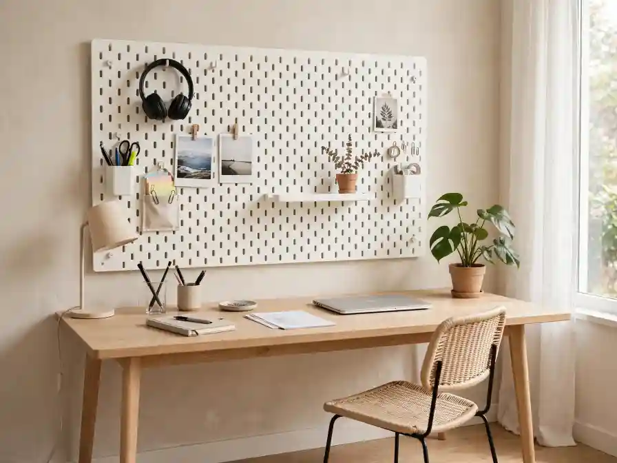 Pannello decorativo IKEA per organizzare la parete del workspace Postazione studio con pannello decorativo a fessure verticali, scrivania in legno chiaro, laptop, lampada beige e accessori organizzati, ideale per soluzioni di pannelli decorativi per pareti interne IKEA in ambienti moderni.