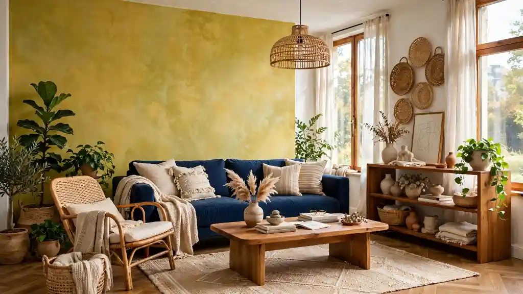 Parete gialla materica in soggiorno moderno Soggiorno con parete gialla materica, arredi naturali e palette blu‑beige in ambiente luminoso