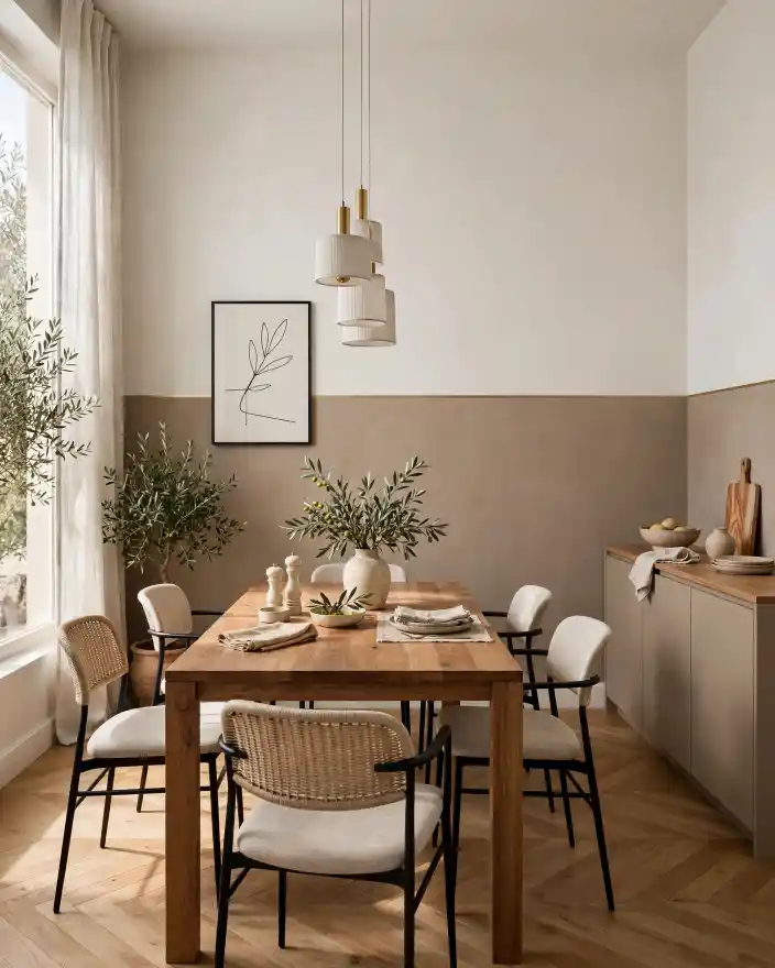 Pareti bicolore beige e bianco nella sala da pranzo moderna Sala da pranzo moderna con pareti bicolore beige e bianco, tavolo in legno e sedie intrecciate; esempio di abbinamento chiaro per pareti a due colori.