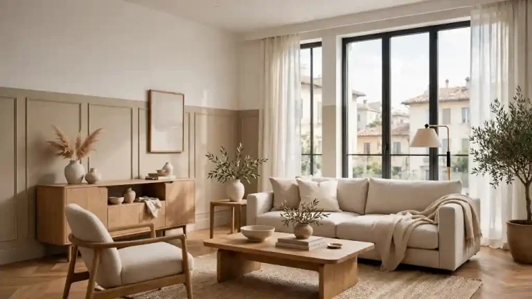 Salotto moderno con pareti beige e crema in abbinamento bicolore, arredi in legno chiaro e grandi finestre che illuminano l’ambiente; esempio di palette neutra per pareti a due colori.