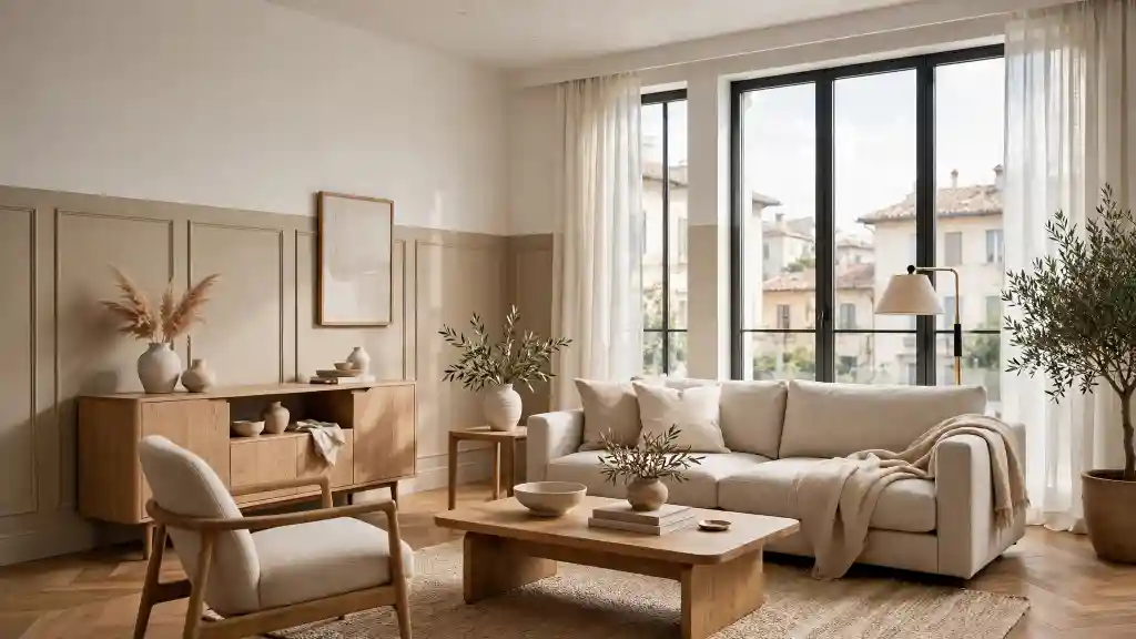 Pareti bicolore beige e crema nel soggiorno moderno Salotto moderno con pareti beige e crema in abbinamento bicolore, arredi in legno chiaro e grandi finestre che illuminano l’ambiente; esempio di palette neutra per pareti a due colori.