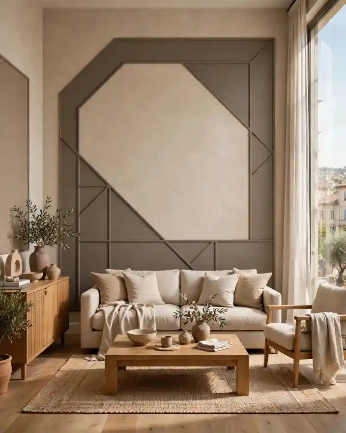Pareti bicolore beige e grigio nel soggiorno moderno Soggiorno moderno con parete decorativa grigio geometrico e pareti beige, divano chiaro, arredi in legno e luce naturale; esempio di abbinamento bicolore neutro.