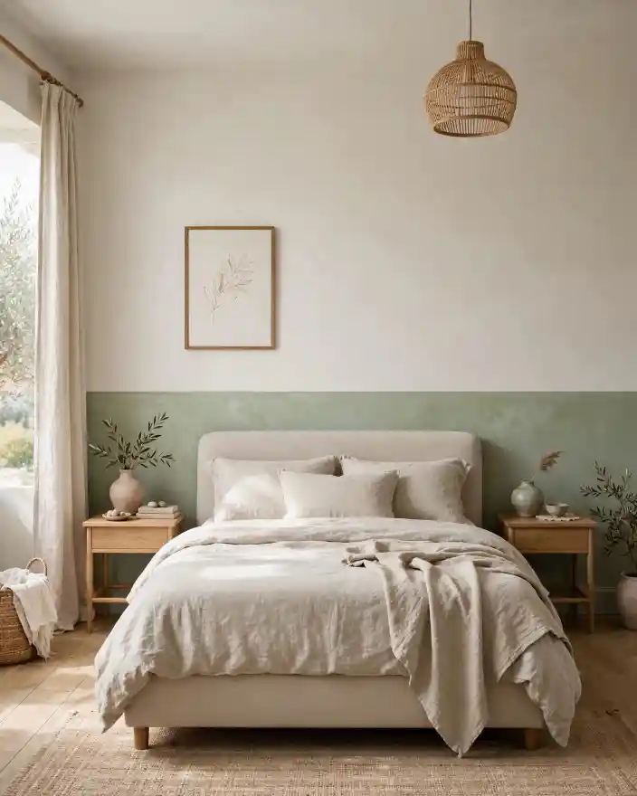 Pareti bicolore verde salvia e bianco nella camera da letto moderna Camera da letto moderna con pareti bicolore verde salvia e bianco, letto beige, arredi in legno e luce naturale; esempio di abbinamento rilassante per pareti a due colori.