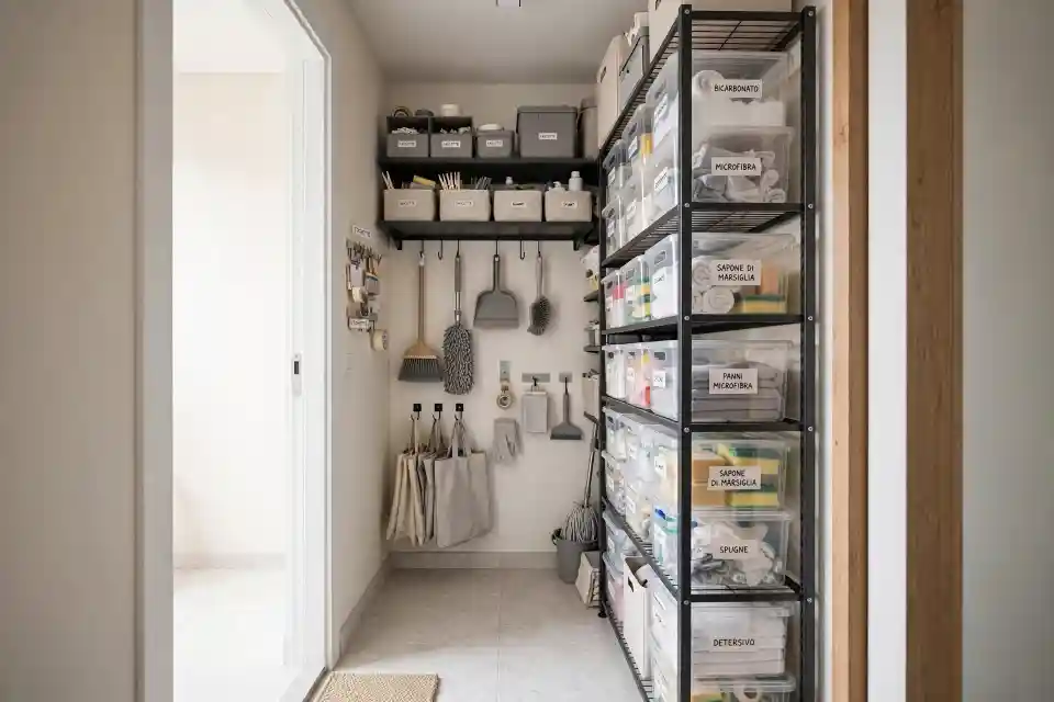 Scaffale ordinato con contenitori per prodotti di pulizia Scaffale metallico nero con contenitori trasparenti etichettati per bicarbonato, microfibra, sapone di Marsiglia, spugne e detersivi, affiancato da parete con ganci e strumenti per le pulizie in un piccolo ripostiglio organizzato.